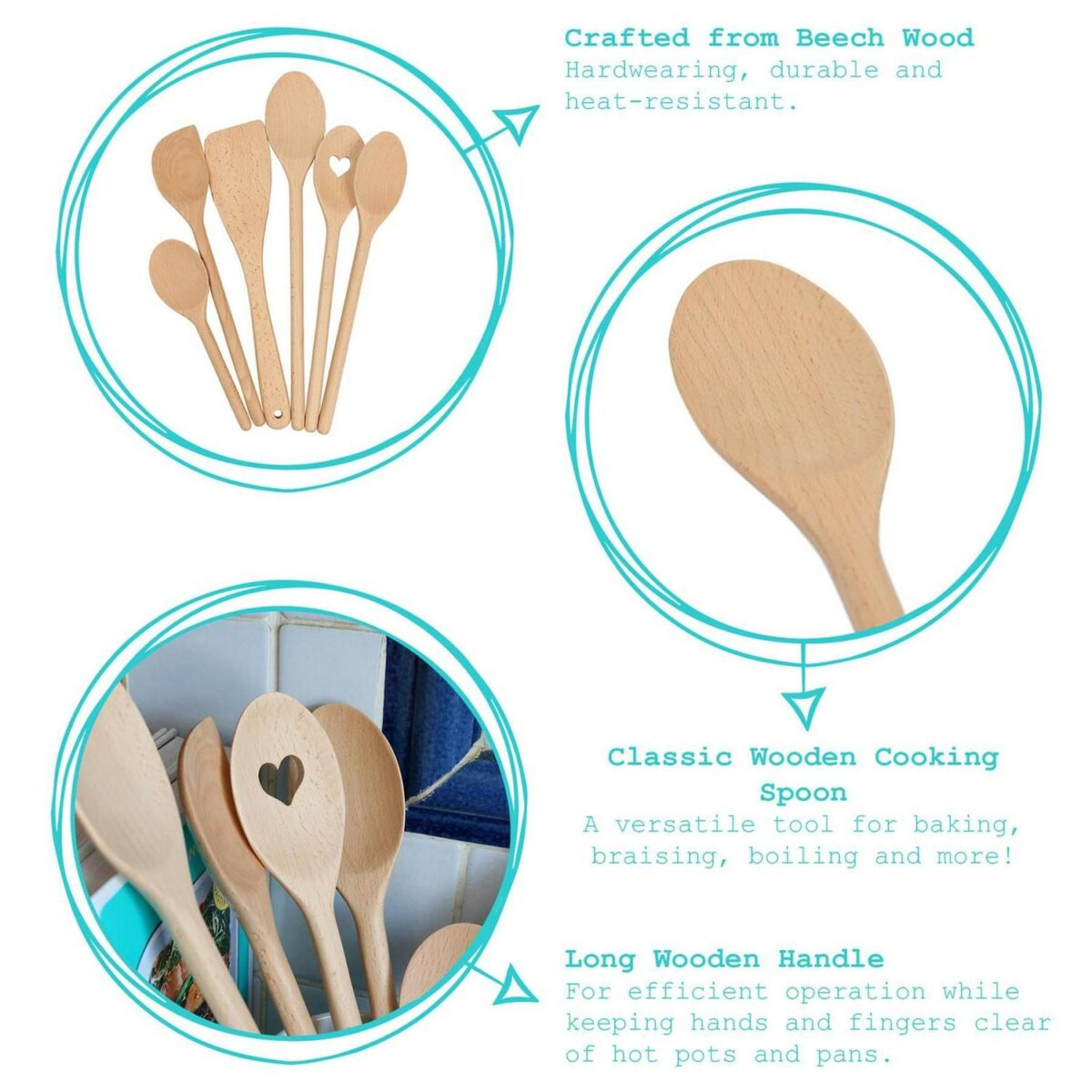 12x Wooden Cooking Spoons 30cm Non Stick Long Handle Kitchen Cookware Utensil - Image 2