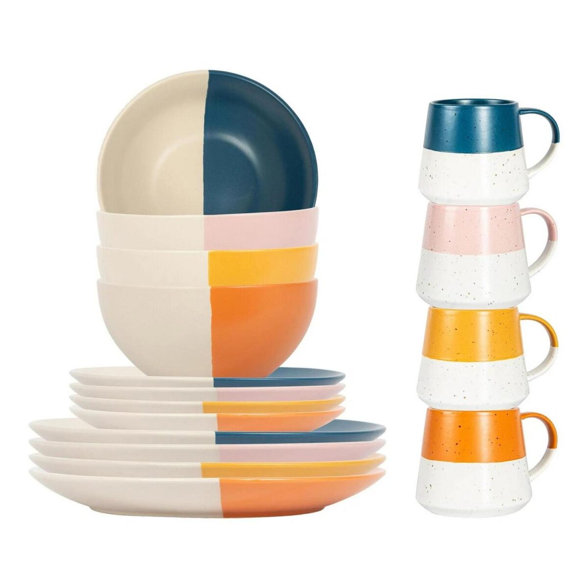 16pc Dipped Stoneware Dinner Set with Belly Mugs Multicolour Plates Bowls Mugs - Image 1