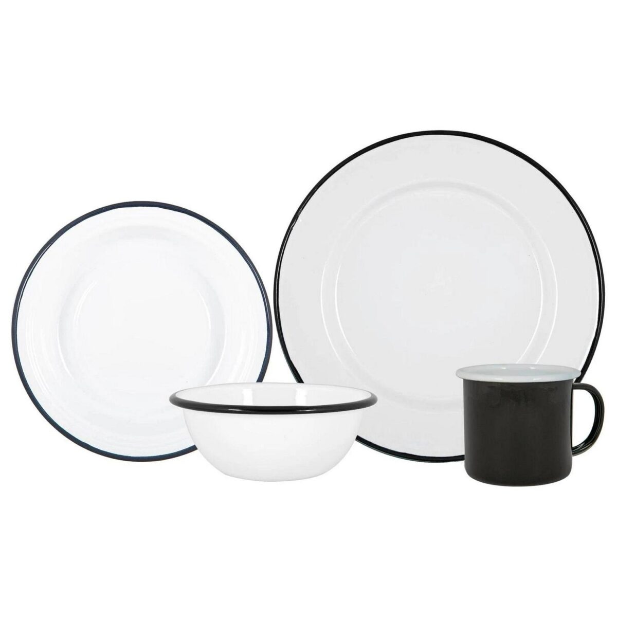 16pc White Enamel Dinnerware Set Steel Outdoor Camping Plates Bowls Mugs Black - Image 1