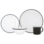 16pc White Enamel Dinnerware Set Steel Outdoor Camping Plates Bowls Mugs Black