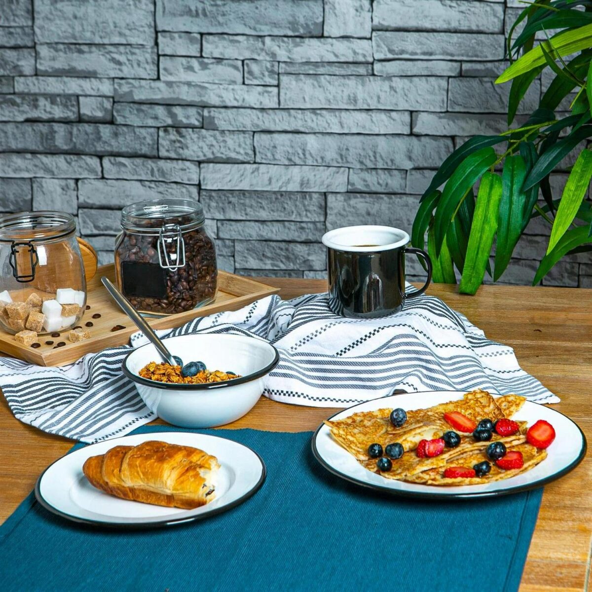 16pc White Enamel Dinnerware Set Steel Outdoor Camping Plates Bowls Mugs Black - Image 5