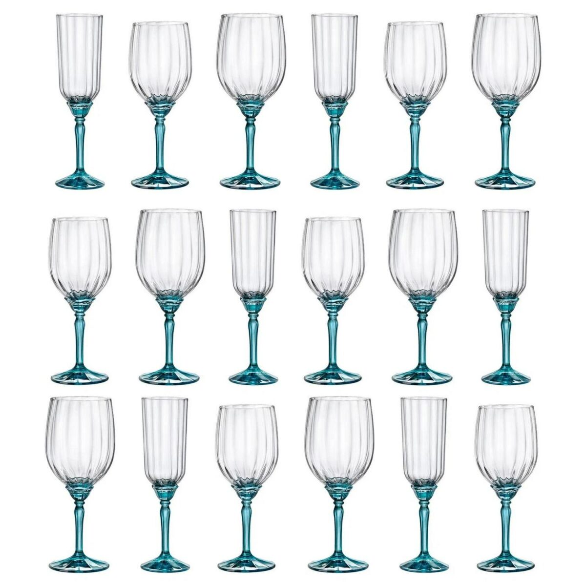18pcx Bormioli Rocco Florian Stemware Set Glass Red White Rose Stem 9cm Blue - Image 1