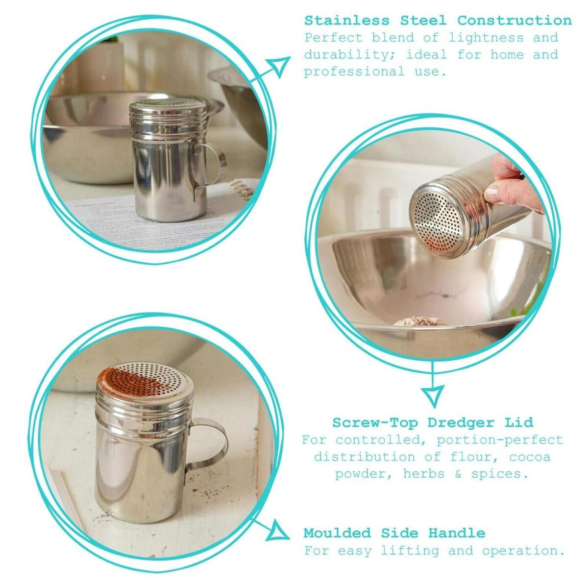 1x 300ml Stainless Steel Flour Shaker Icing Sugar Chocolate Cocoa Powder Sifter - Image 2