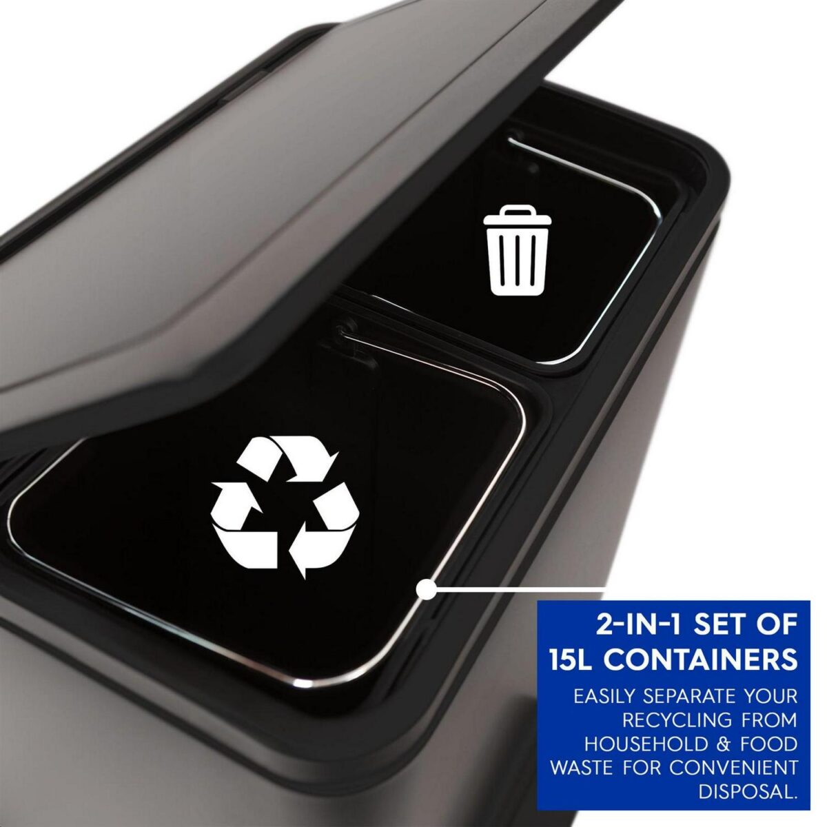 1x 30L (2 x 15L) Stainless Steel Double Kitchen Pedal Bin Brushed Recycling Bin - Image 2