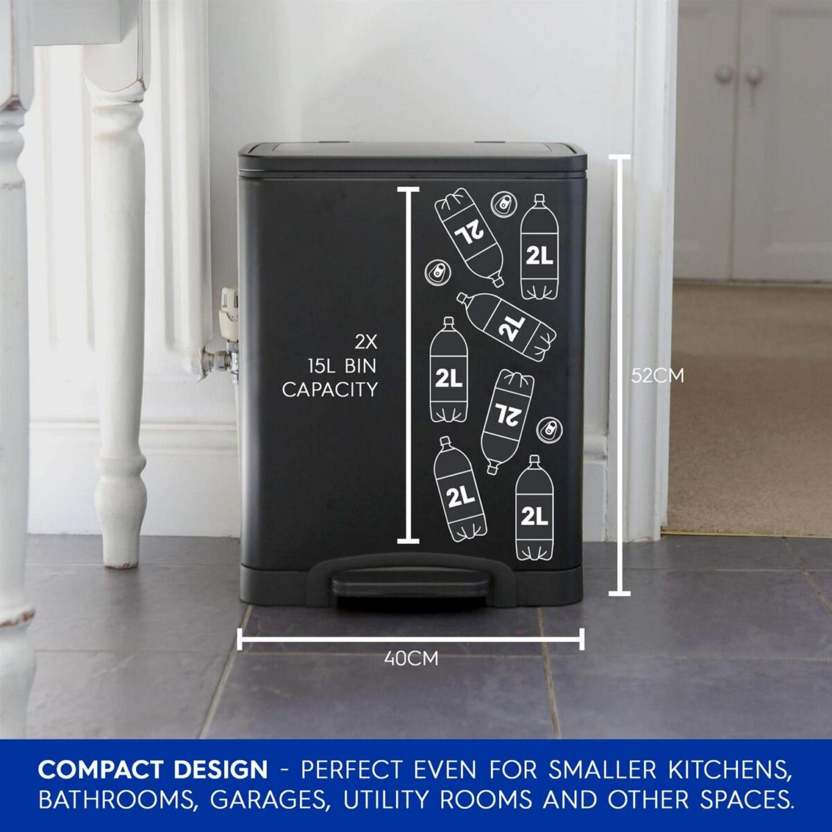 1x 30L (2 x 15L) Stainless Steel Double Kitchen Pedal Bin Brushed Recycling Bin - Image 5
