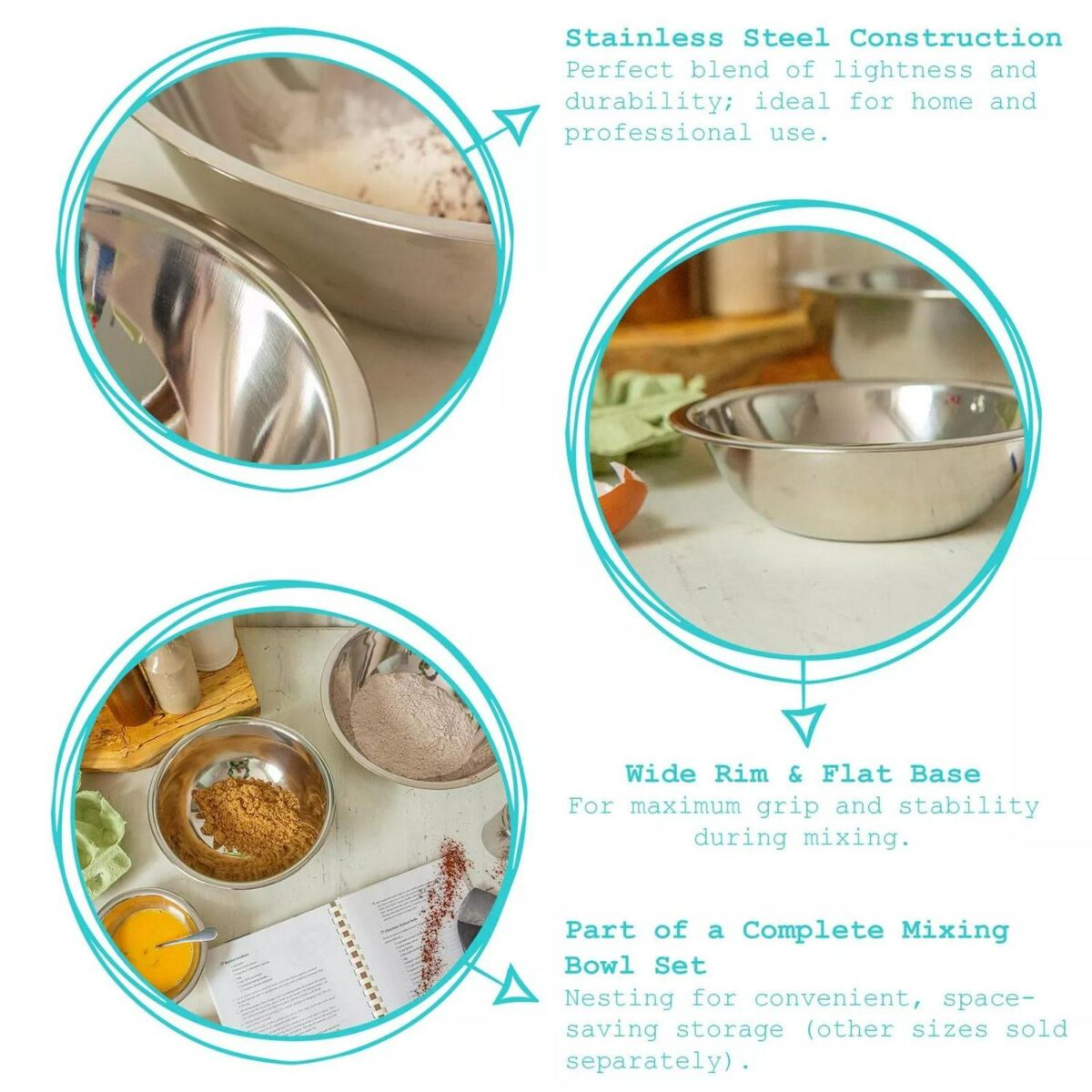 1x 5.5L Stainless Steel Mixing Bowl Deep Kitchen Baking Cooking Salad Bowls - Image 2
