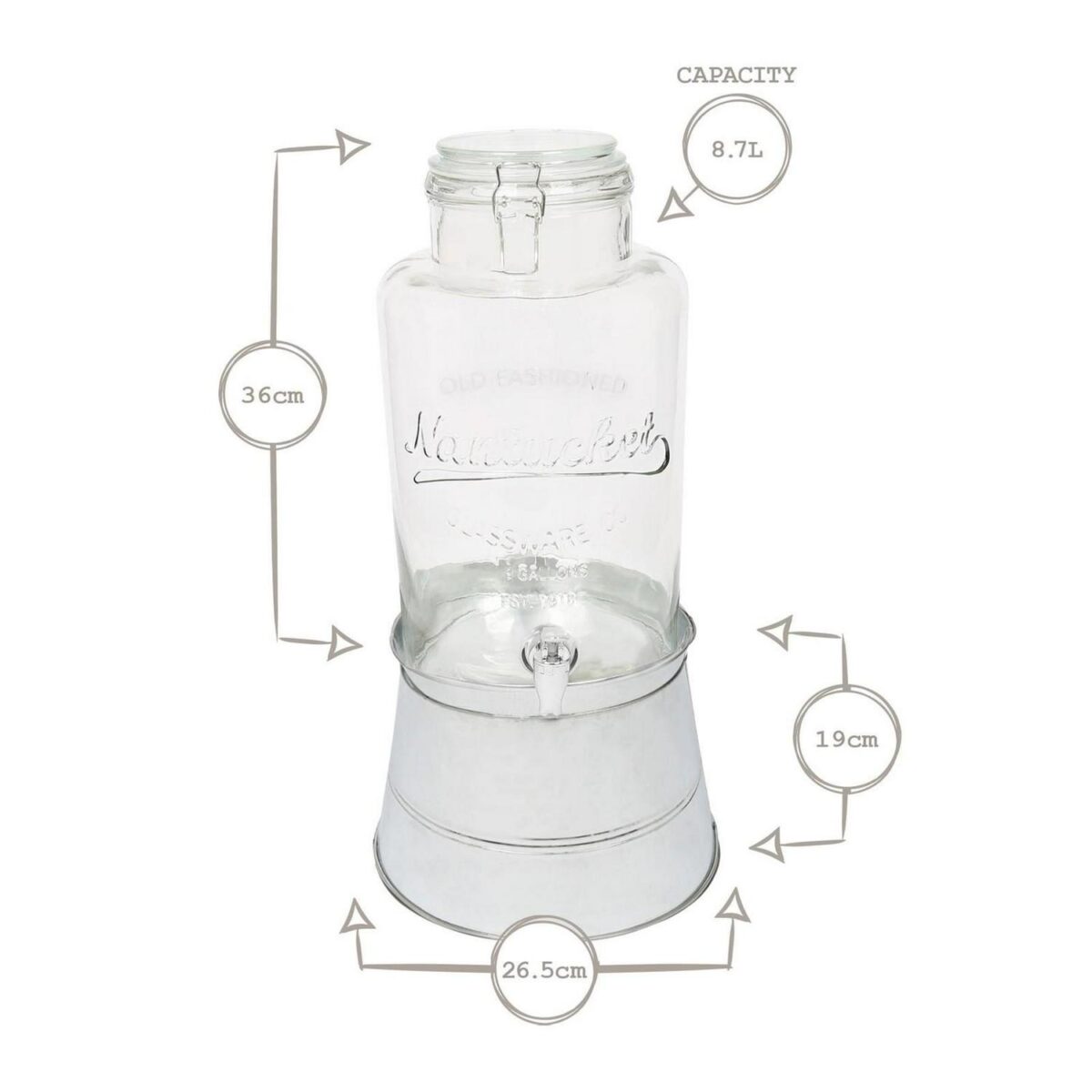 1x 8.7L Glass Drinks Dispenser with Tap and Silver Bucket Stand Cold Water Jug - Image 3