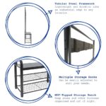 1x Black/Black Square Steel Coat Rack with Shoe Storage Bench Clothes Hat Stand - Image 2