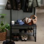 1x Black/Black Square Steel Coat Rack with Shoe Storage Bench Clothes Hat Stand - Image 5