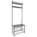1x Black/Black Square Steel Coat Rack with Shoe Storage Bench Clothes Hat Stand