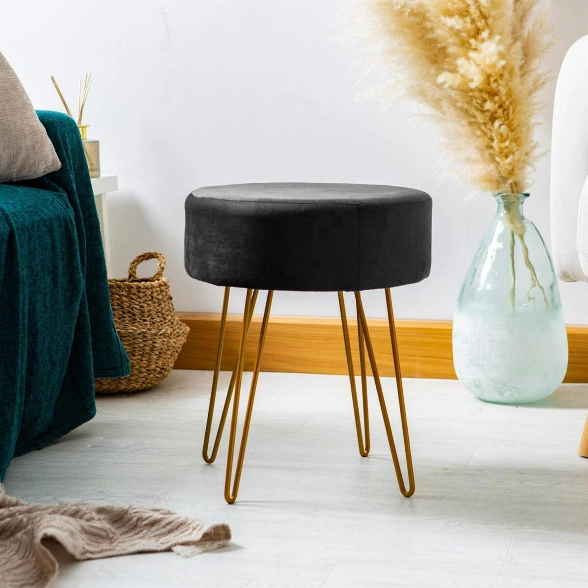 1x Black/Gold H40 x D35cm Round Velvet Footstool Ottoman Stool Pouffe Seat - Image 6