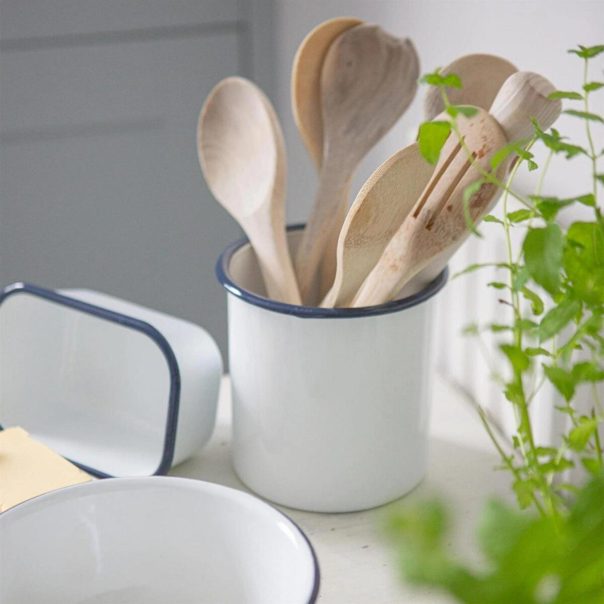 1x Blue 15.5cm White Enamel Utensil Holder Kitchen Cutlery Spoon Storage Rack - Image 5