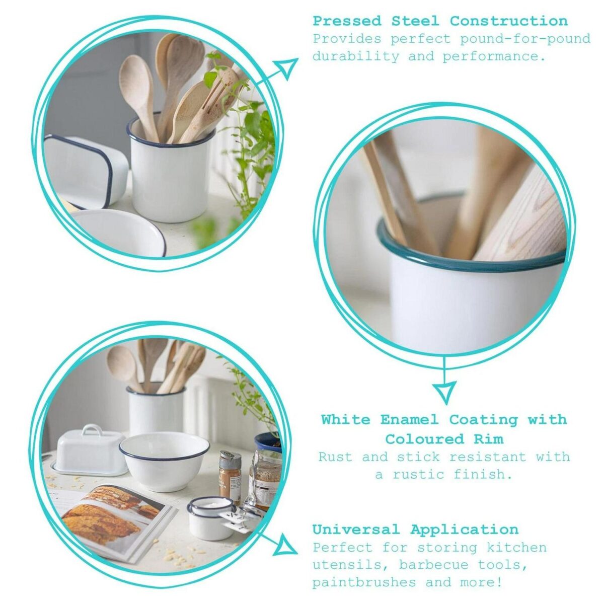 1x Blue 15.5cm White Enamel Utensil Holder Kitchen Cutlery Spoon Storage Rack - Image 2