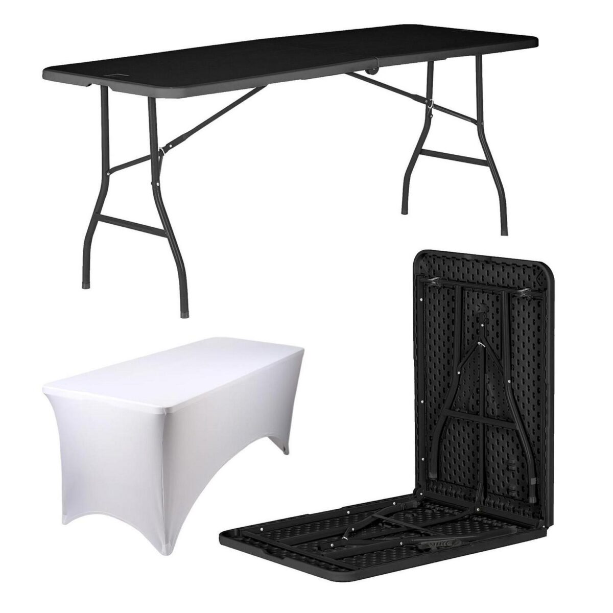1x Folding Camping Picnic Table with Fitted Tablecloth 180cm (6ft) Black/White - Image 1