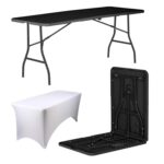 1x Folding Camping Picnic Table with Fitted Tablecloth 180cm (6ft) Black/White
