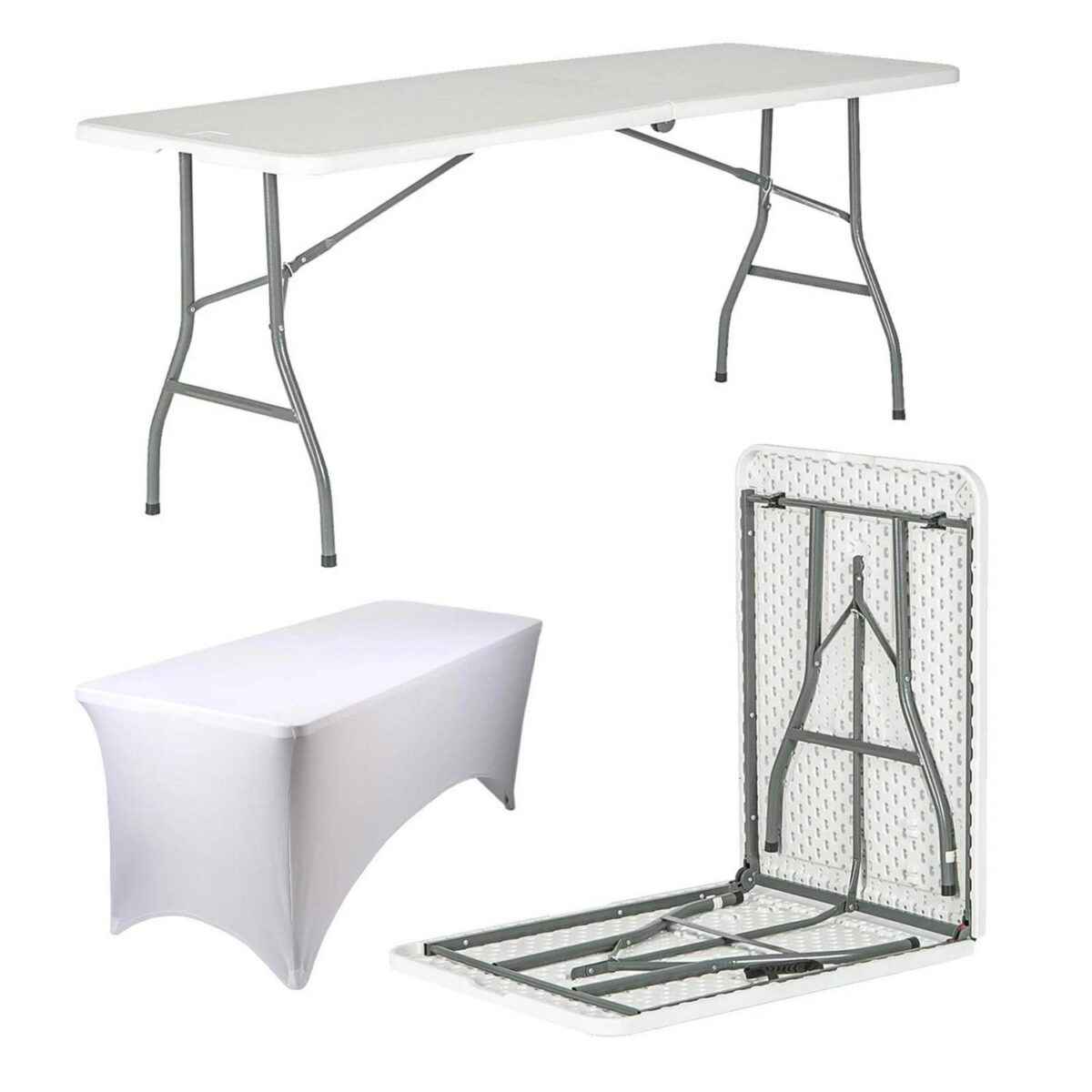 1x Folding Camping Picnic Table with Fitted Tablecloth 180cm (6ft) White/White - Image 1