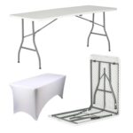 1x Folding Camping Picnic Table with Fitted Tablecloth 180cm (6ft) White/White