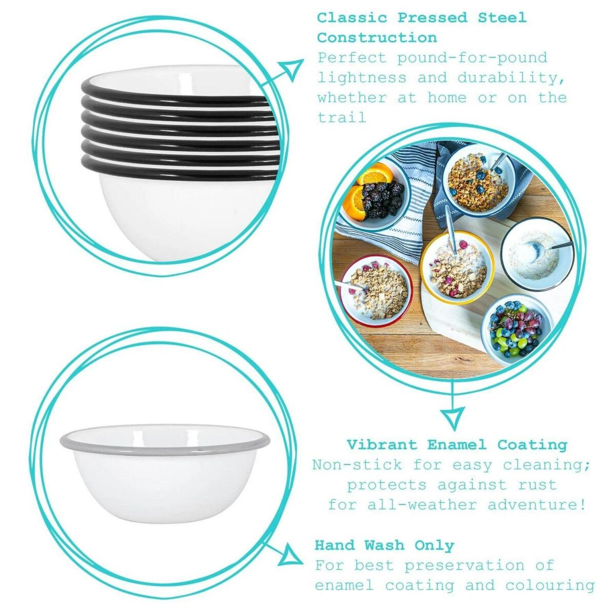 1x Green 16cm White Enamel Cereal Bowl Metal Outdoor Camping Food Dishes - Image 2