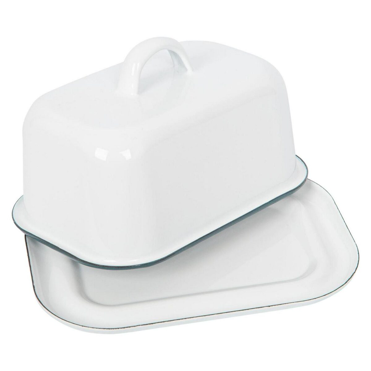 1x Green 18.5cm x 10cm White Enamel Butter Dish with Lid Kitchen Container - Image 1