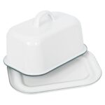 1x Green 18.5cm x 10cm White Enamel Butter Dish with Lid Kitchen Container