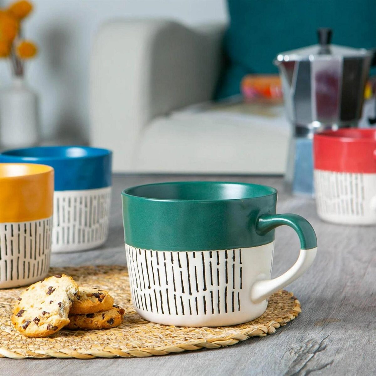 1x Green 450ml Dipped Dash Stoneware Coffee Mug Large Ceramic Tea Cups Set - Image 5