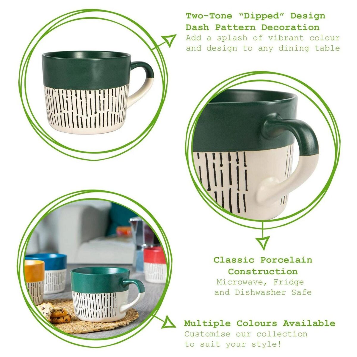 1x Green 450ml Dipped Dash Stoneware Coffee Mug Large Ceramic Tea Cups Set - Image 2