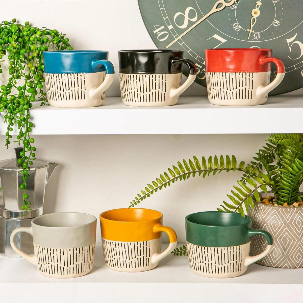 1x Grey 450ml Dipped Dash Stoneware Coffee Mug Large Rustic Ceramic Tea Cups Set - Image 6