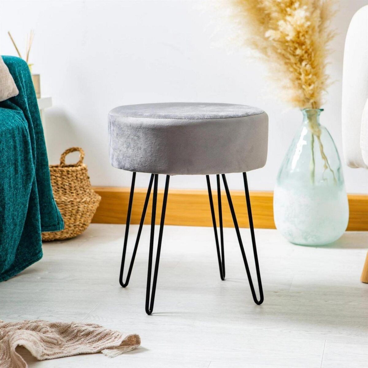 1x Grey/Black 35cm x 40cm Round Velvet Footstool Ottoman Stool Pouffe Seat - Image 6