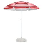 1x Metal Beach Parasol with Base 1.8M x 2M Red Stripe/White UPF50+ Sun Umbrella