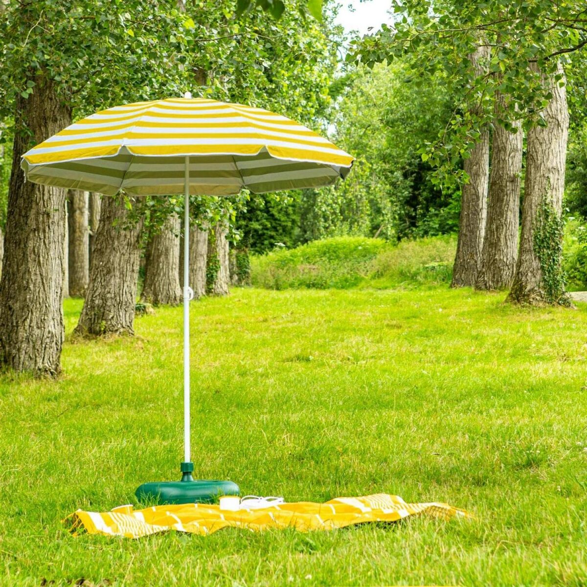1x Metal Beach Parasol with Base 1.8M x 2M Yellow Stripe/Green UPF50+ Umbrella - Image 5
