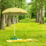 1x Metal Beach Parasol with Base 1.8M x 2M Yellow Stripe/Green UPF50+ Umbrella - Image 5