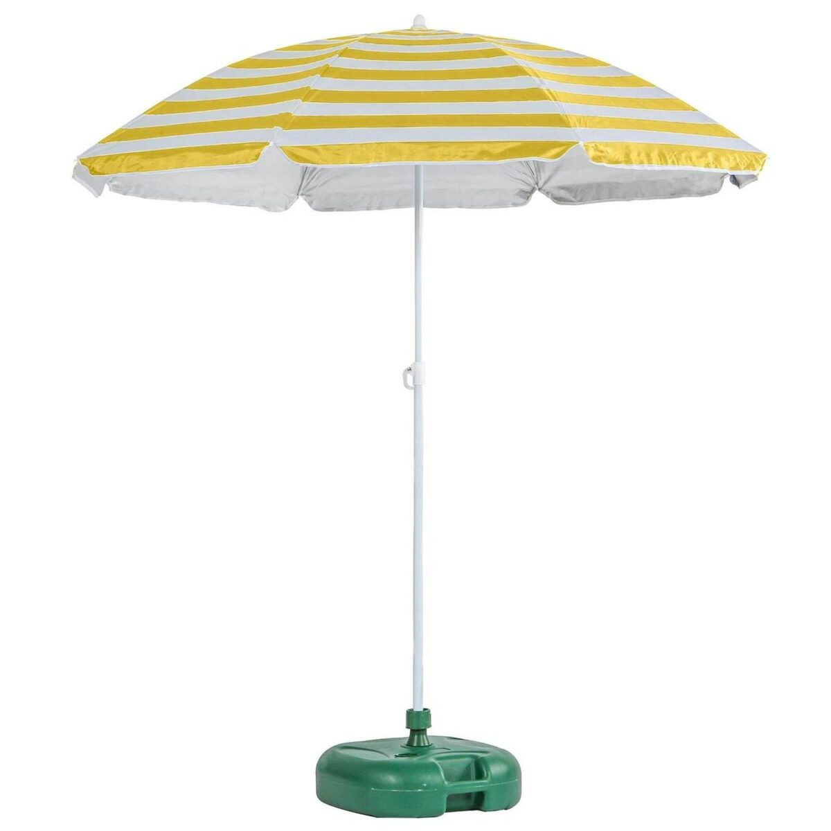 1x Metal Beach Parasol with Base 1.8M x 2M Yellow Stripe/Green UPF50+ Umbrella - Image 1