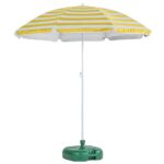 1x Metal Beach Parasol with Base 1.8M x 2M Yellow Stripe/Green UPF50+ Umbrella