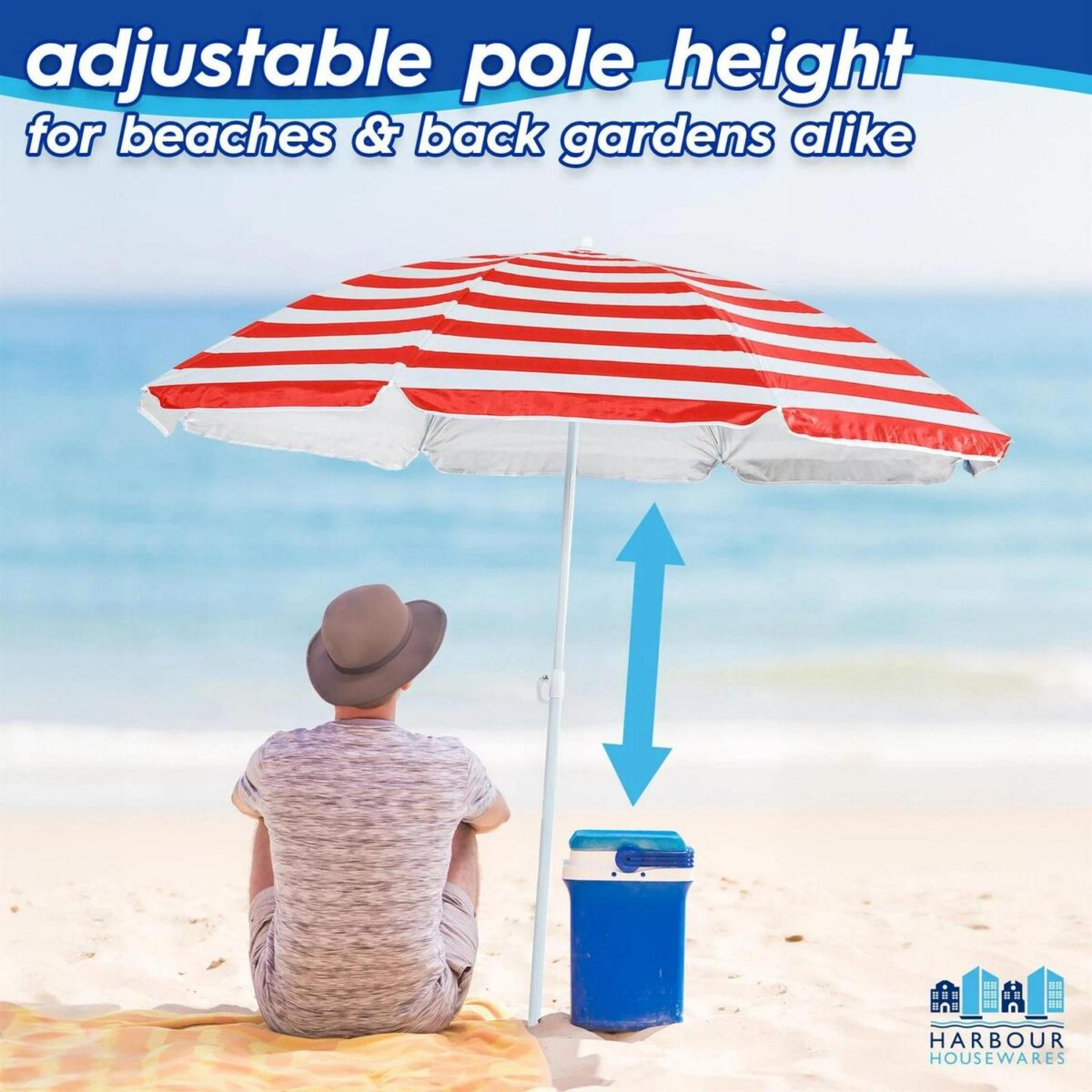 1x Metal Beach Parasol with Base 1.8M x 2M Yellow Stripe/Green UPF50+ Umbrella - Image 3