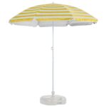 1x Metal Beach Parasol with Base 1.8M x 2M Yellow Stripe/White UPF50+ Umbrella