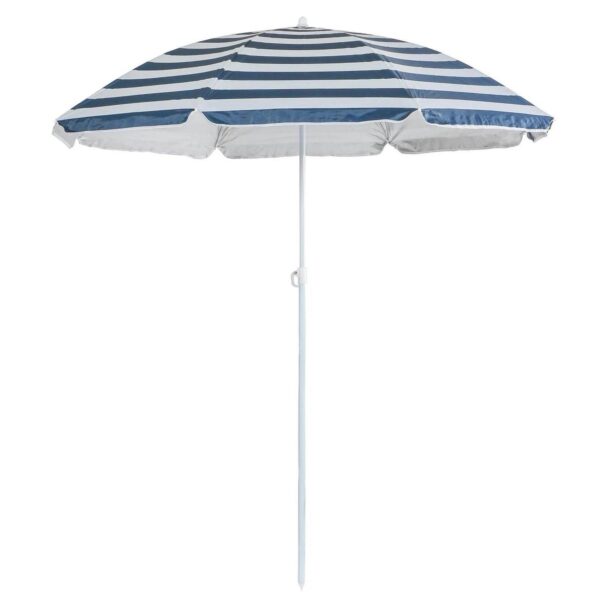 1x Metal Beach Parasol 1.8M x 2M Blue Stripe UPF50+ Garden Patio Sun Umbrella
