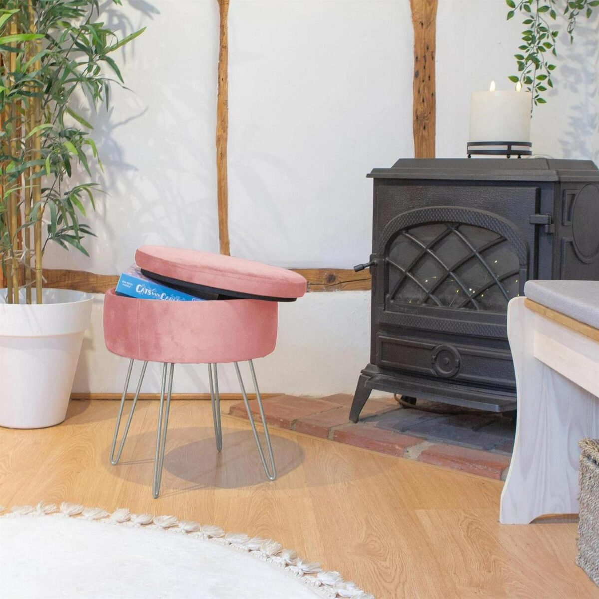 1x Pink/Silver H45 x D36cm Round Velvet Storage Footstool Ottoman Stool Seat - Image 6
