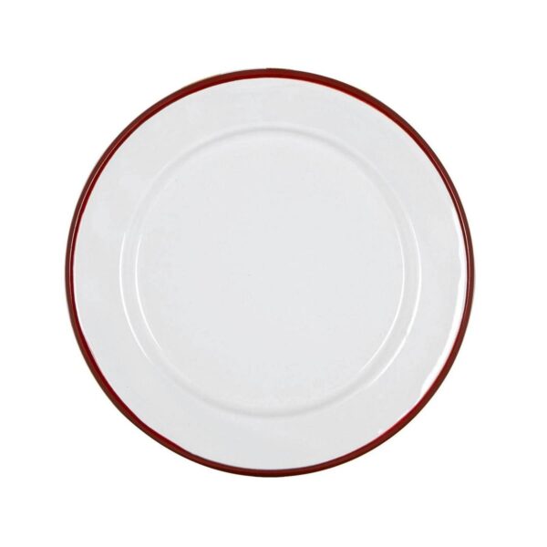 1x Red 20cm White Enamel Side Plate Metal Outdoor Camping Food Dishes