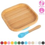 1x Tiny Dining Bamboo Square Baby Weaning Plate and Fork Set with Suction