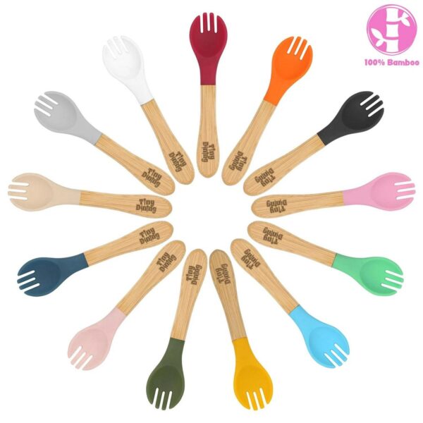 1x Tiny Dining Bamboo Baby Weaning Fork with Silicone Tip Toddler Feeding