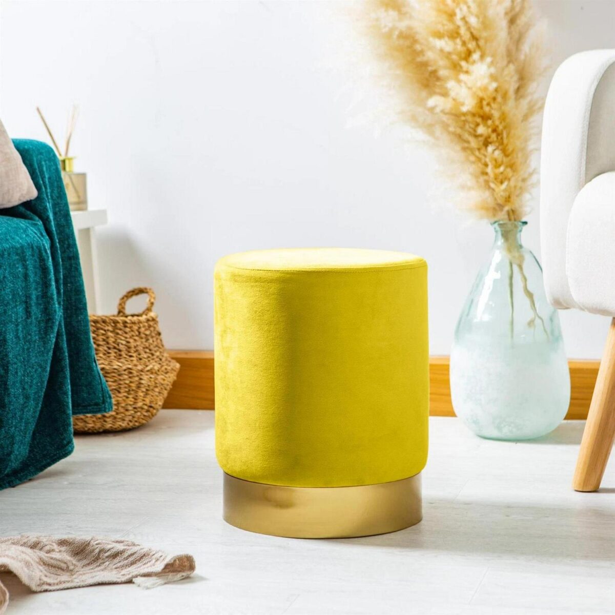 1x Yellow H36 x D29cm Round Velvet Footstool Foot Stool Pouffe Seat - Image 6