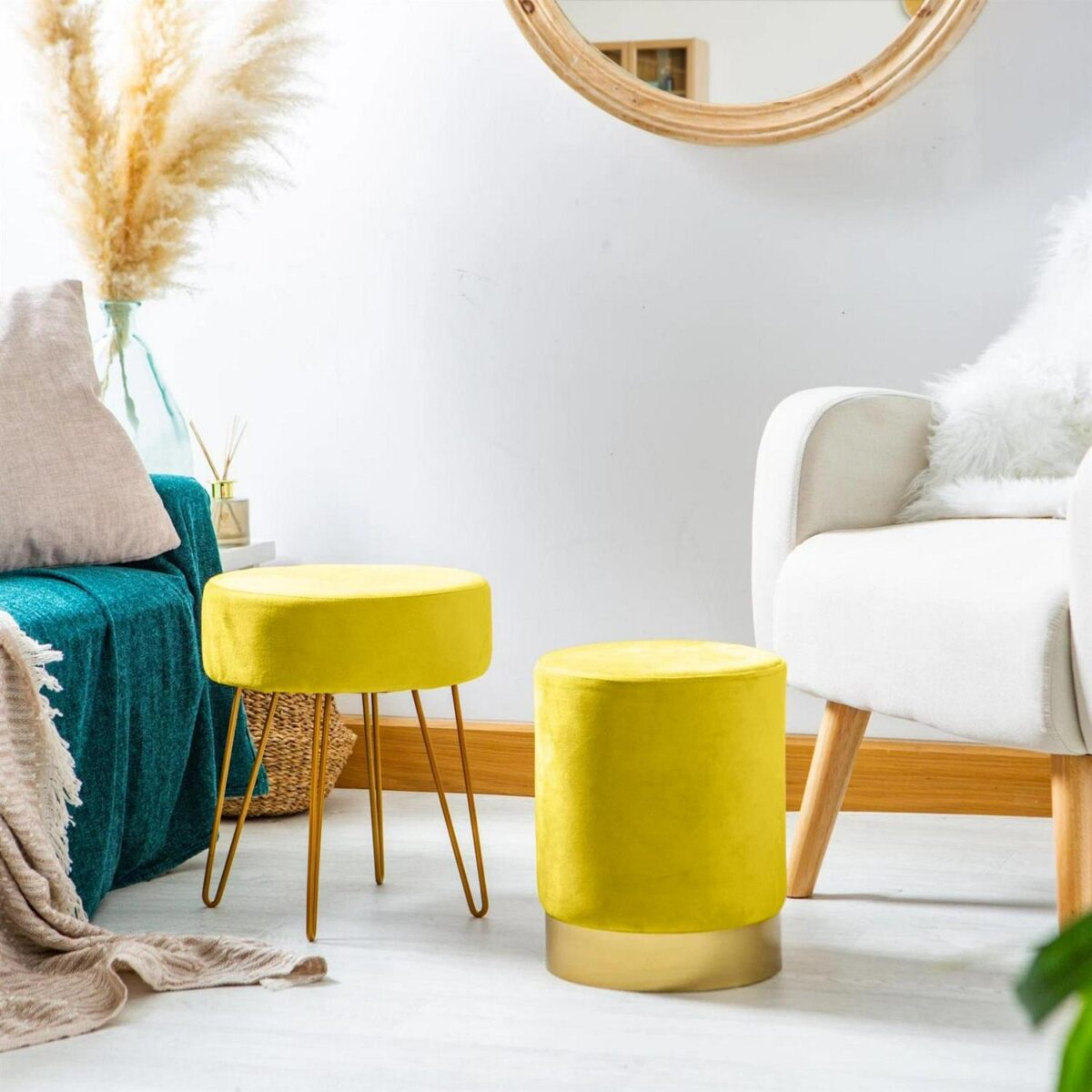 1x Yellow H36 x D29cm Round Velvet Footstool Foot Stool Pouffe Seat - Image 7