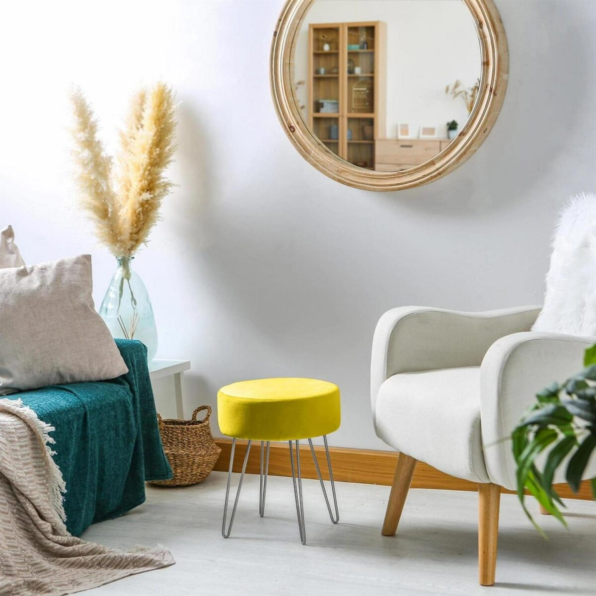 1x Yellow/Silver H40 x D35cm Round Velvet Footstool Ottoman Stool Pouffe Seat - Image 6