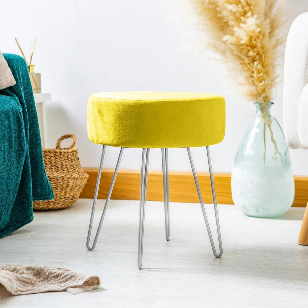 1x Yellow/Silver H40 x D35cm Round Velvet Footstool Ottoman Stool Pouffe Seat - Image 7