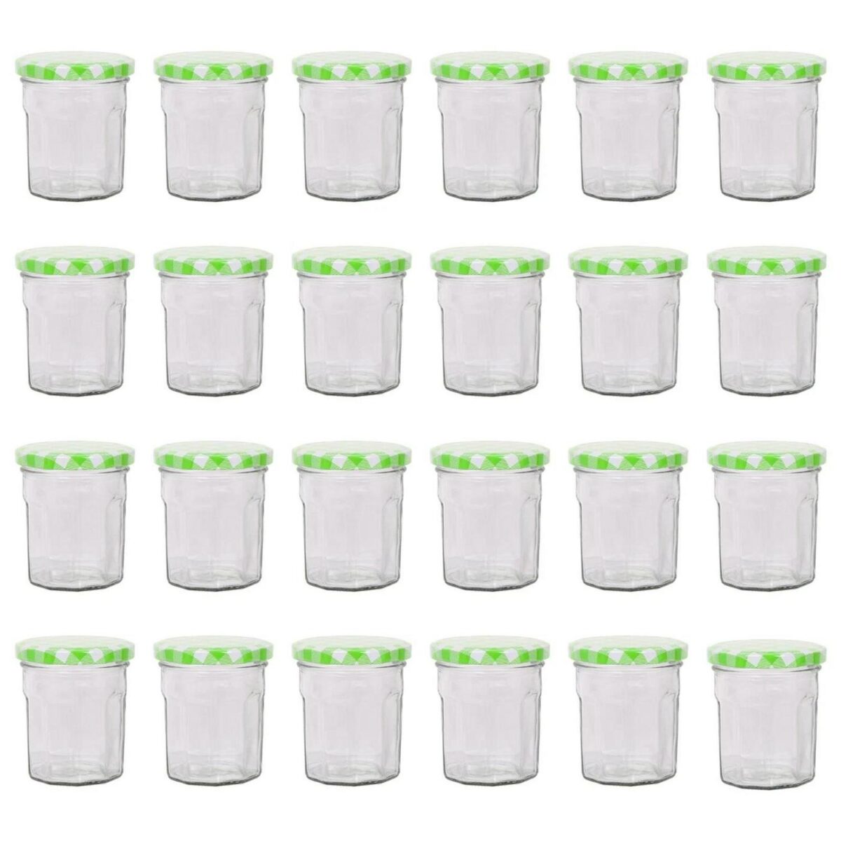 24x 150ml Glass Jam Jars with Green Gingham Lids Chutney Preserve Honey Storage - Image 1