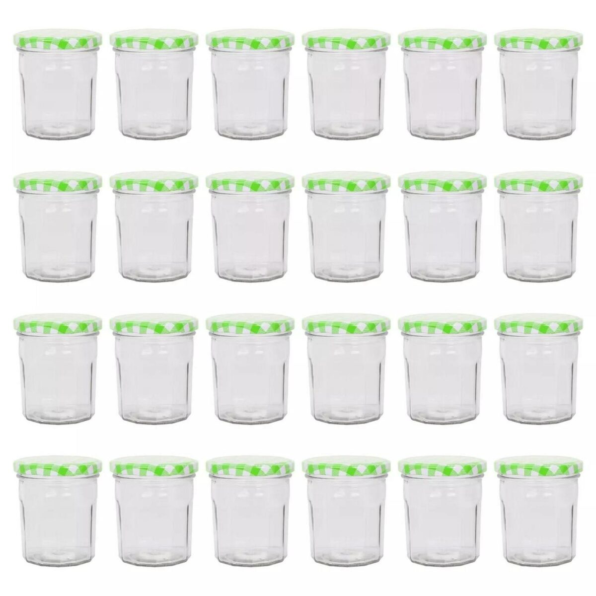 24x 250ml Glass Jam Jars with Green Gingham Lids Chutney Preserve Honey Storage - Image 1