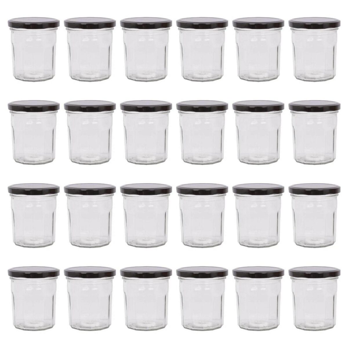 24x 250ml Glass Jam Jars with Black Lids Chutney Preserve Honey Pickle Storage - Image 1