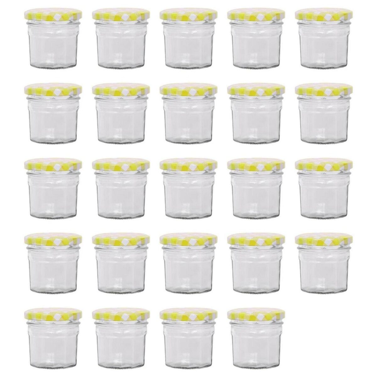 24x 90ml Glass Jam Jars with Yellow Gingham Lids Chutney Preserve Honey Storage - Image 1