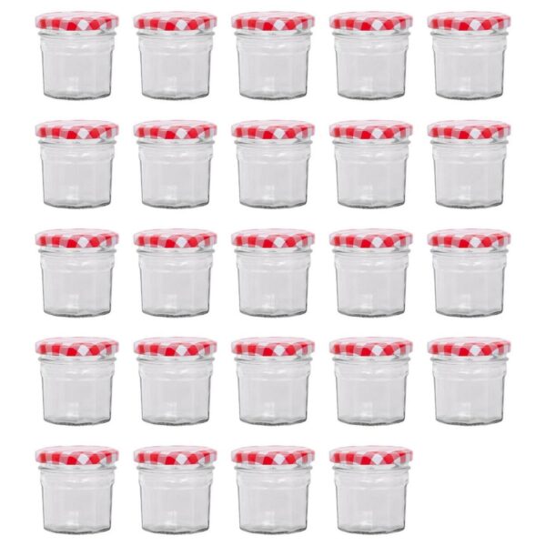 24x 90ml Glass Jam Jars with Red Gingham Lids Chutney Preserve Honey Storage