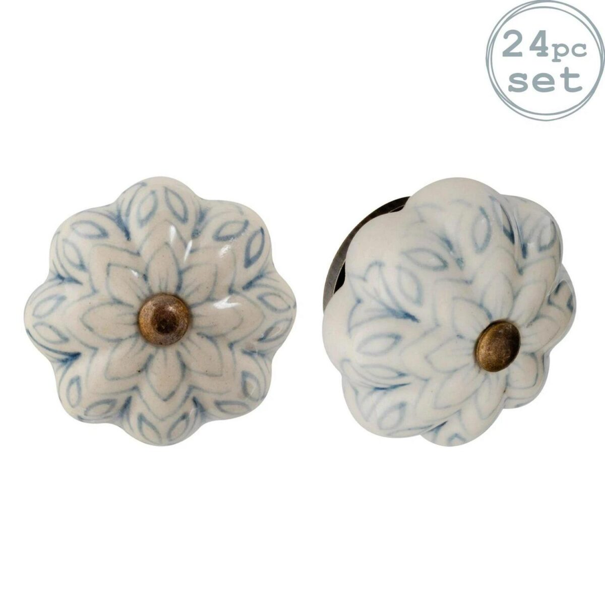 24x Floral Ceramic Cabinet Knobs Vintage Cupboard Door Drawer Handles Grey - Image 1